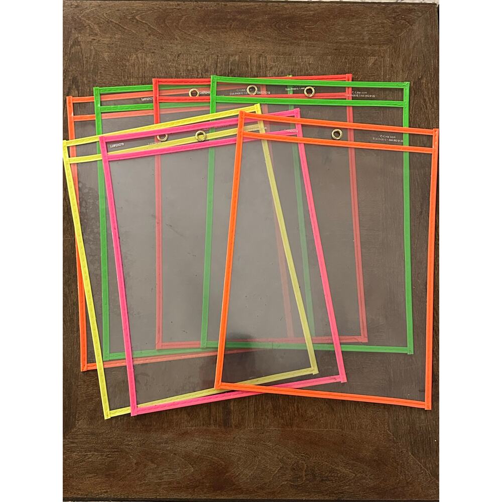 Set of 7 Dry Erase Pockets – Mixed Colors – Used – Reusable Classroom Sleeves